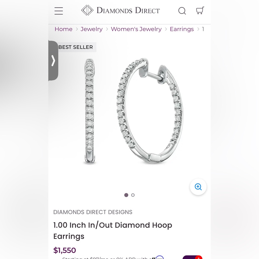 Natural Diamond 1in/25mm Pave Hoop Earrings